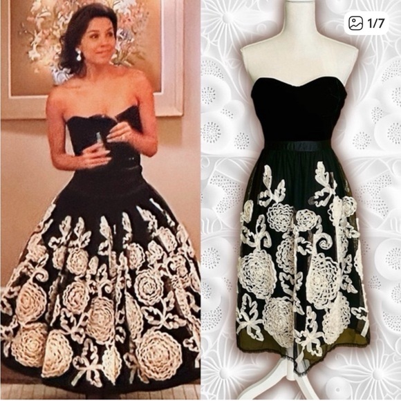 Nanette Lepore Black Velvet Cream Tulle Floral Dress - Picture 2 of 9